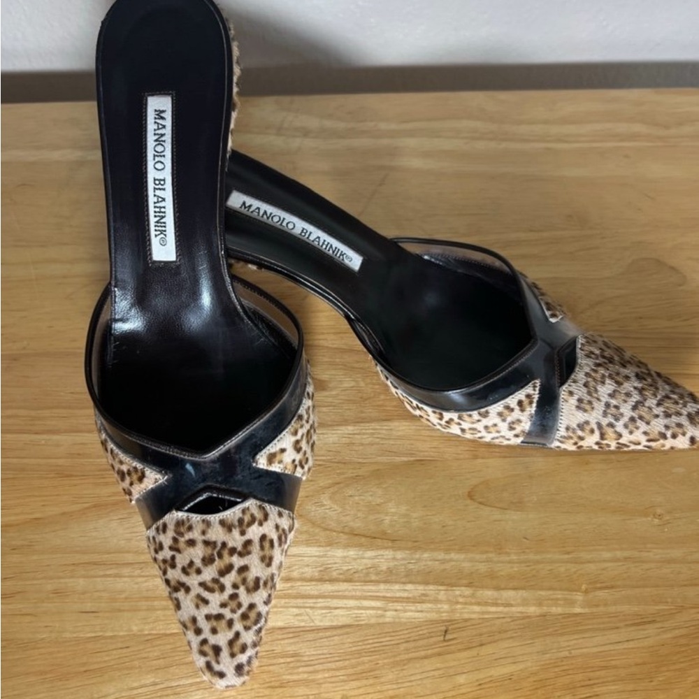 Manolo Blahnik Leopard Print Mules with Black Accents